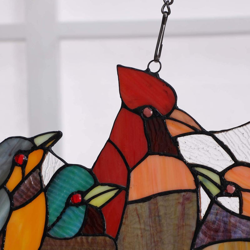 Bieye W10055 Tropical Birds on The Wire Tiffany Style Stained Glass Window Panel Hangings with Chain, 22" W x 13" H - Image 2